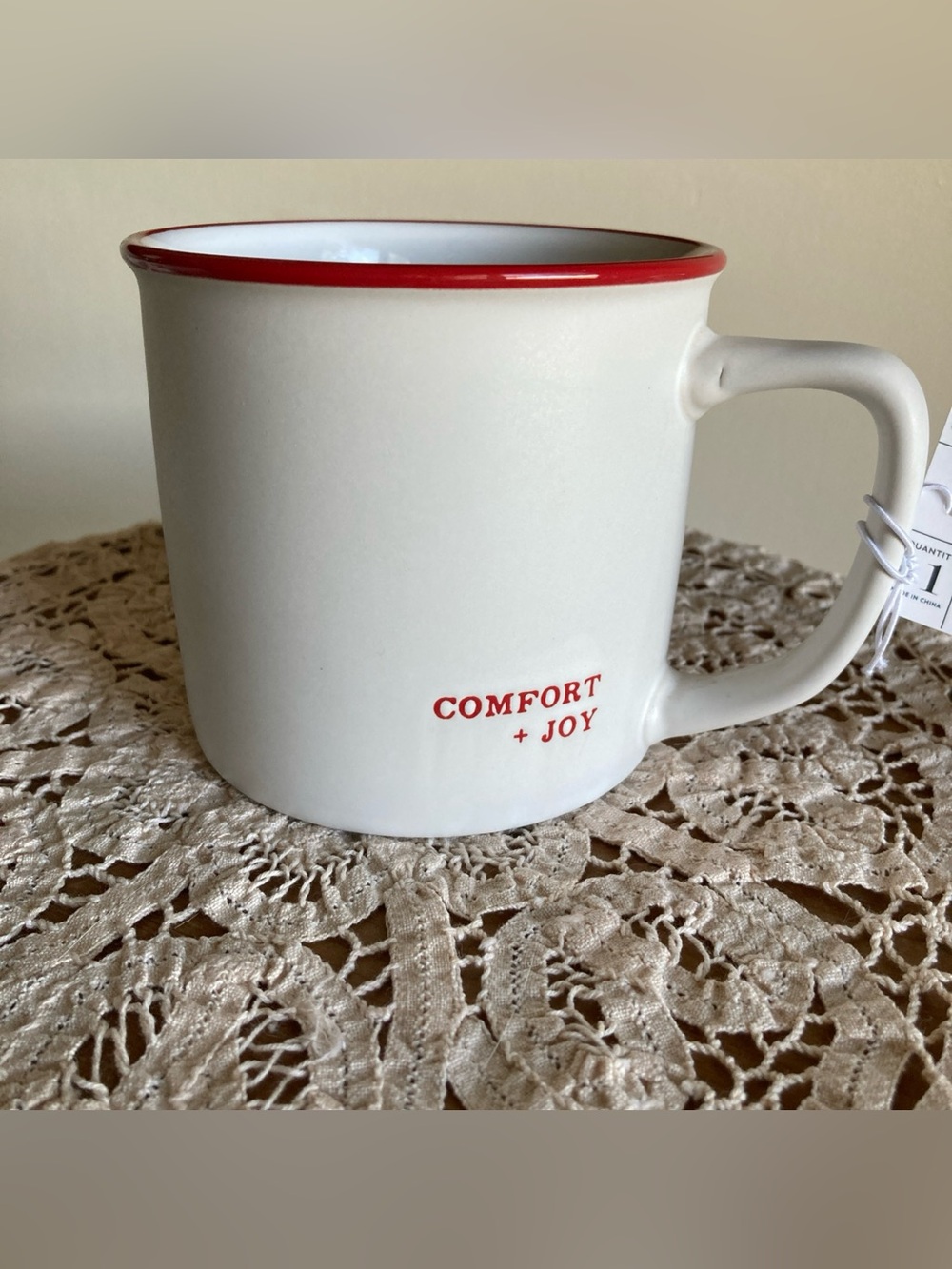 NIB White “Comfort and Joy” Mug with Red Accent